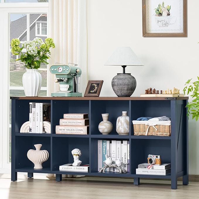 Joaxswe 8 Cube Book Shelf, Farmhouse Wood Long Storage Organizer Bookcase, 62" Horizontal Navy Blue Console Closet Bookshelf, Hallway TV Stand for Entryway, Display Cabinet Book Case for Living Room