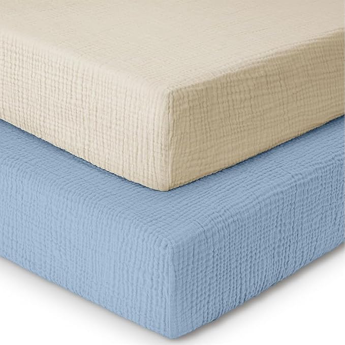 Mère & Moi Muslin Fitted Crib Sheets – 100% Cotton, Ultra-Soft & Breathable Baby Bedding for Standard Crib & Toddler Mattress (28” x 52”) - 2 Pack (Light Blue and Cream)