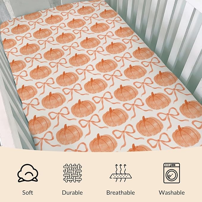 Fall Pumpkins Orange Bows Baby Crib Sheets Vintage Autumn Pumpkins Baby Sheet Thanksgiving Harvest Fitted Crib Mattress Cover for Standard Crib and Toddler Mattress 28"x52"