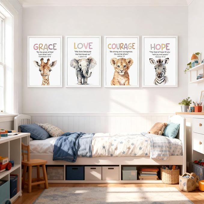 Cute Giraffe Elephant Tiger Zebra Quote Framed Wall Art Set of 4, 11x16 Educational Grace Love Courage Hope Saying Sign for Baby Girl Kid Boy Toddlers, Boho Wooden Inspirational Nursery Wall Decor