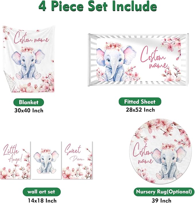 Personalized Baby Crib Bedding Set: 4 Piece Custom Pink Flower Elephant Crib Bed Set with Name, Nursery Bedding Set for Baby Girls, Newborn Boys Crib Sets, Crib Bedding Custom Gift, Crib Sheet