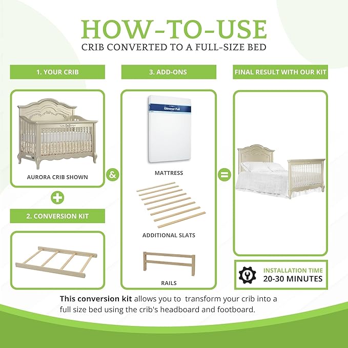 Full-Size Conversion Kit Bed Rails for Evolur Cribs - Solid Wood Crib Convertible Kit to Kids Bed - Transitional Style Rails & Easy-to-Install Child Essentials for Safety (Metallic Gold Dust)