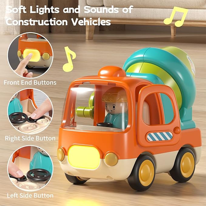 Baby Toys Push Cars for 1 2 3 Year Old Friction Powered Construction 3 Pack Friction Vehicle Set Excavator Dumper Cement Mixer Truck Lights and Musial Toys Birthday Gifts for Toddlers 1-3