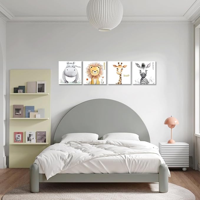 GLOKAKA Nursery Wall Decor Motivational Quotes Canvas Print Wall Art for Kids Bedroom Safari Animal Jungle Boy's Girl's Art Frame Cute Baby Room Decor Artwork Set of 4