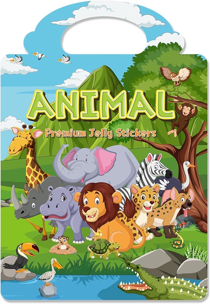 Reusable Sticker Book for Toddlers 3-6, Jelly Stickers for Kids, Sticker Activity Book Travel Toys for Road Trip, Car & Airplane, Educational Learning Gifts for Boys and Girls Ages (Animals Theme)