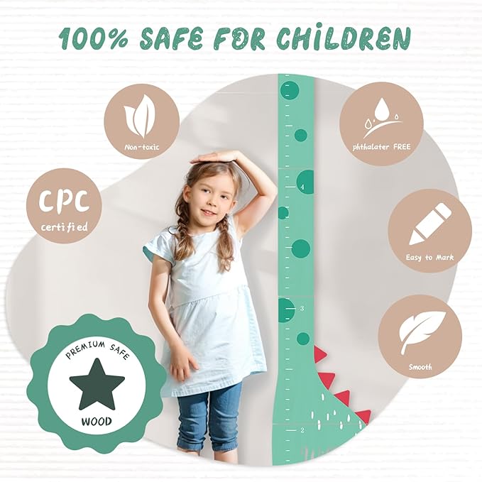 Woodemon Personalized Name Growth Chart, Dinosaur Wooden Height Chart, Thick Height Measuring Board, Kids Height Tracker for Nursery Decor, Baby Boy Girl Measurement Ruler, Growth Charts Ruler
