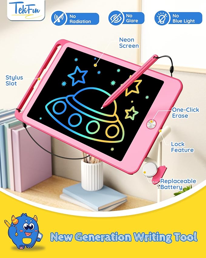 TEKFUN LCD Writing Tablet Kids Toys, 10inch Colorful Doodle Board Kids Travel Learning Toys Drawing Tablet, Birthday Gifts Presents for 3 4 5 6 7 Year Old Girls Boys (Pink)