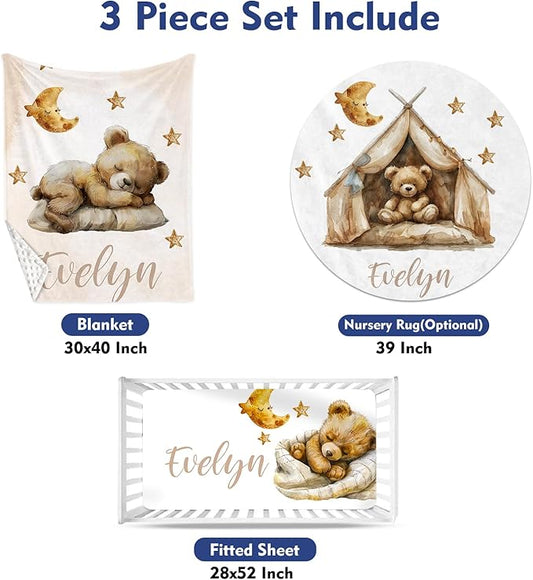 Custom Baby Crib Bedding Set, Personalized Name Star Bear Design Crib Set 3 Pcs, Soft Double Layer Blanket, Crib Sheet & Room Rug, Ideal Nursery Decor Gift for Baby Girls Boys