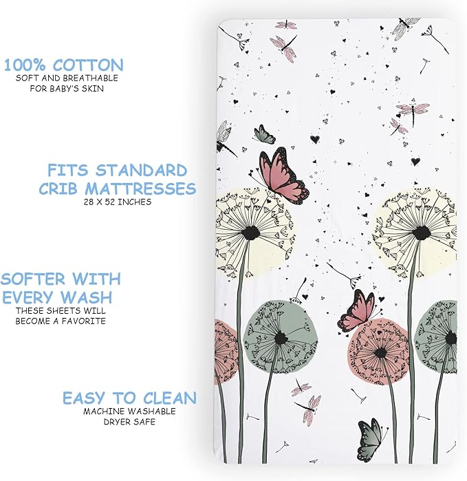 JumpOff Jo - Fitted Crib Sheet, Super Soft Breathable 100% Cotton Baby Crib Sheet for Standard Crib Mattresses and Toddler Beds, 28 in. x 52 in. - Dandelion Dreams