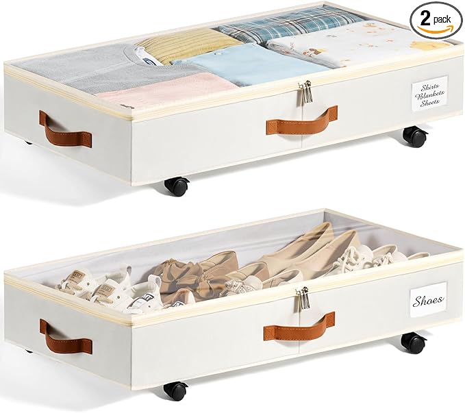 KitHero Under Bed Storage with Wheels Set of 2, Underbed Storage Container with Clear Lid Cover, 6.7 Inches Height Rolling Under Bed Drawer Storage Basket Bin Shoe Organizer for Cloth Sheet Sweater