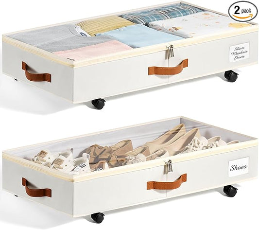 KitHero Under Bed Storage with Wheels Set of 2, Underbed Storage Container with Clear Lid Cover, 6.7 Inches Height Rolling Under Bed Drawer Storage Basket Bin Shoe Organizer for Cloth Sheet Sweater