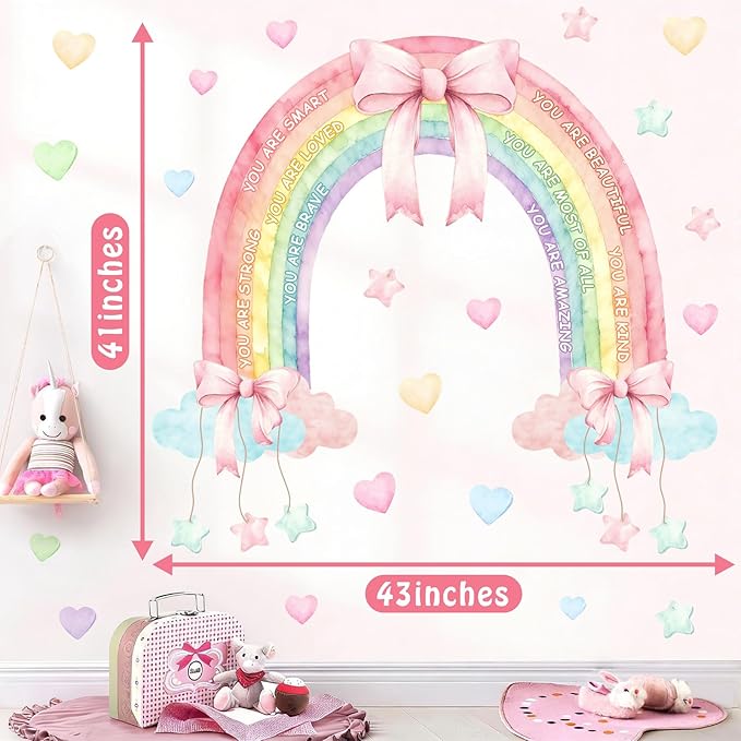 Large Watercolor Rainbow Wall Decals Pastel Pink Bow Wall Decor Kids Inspirational Vinyl Sticker Peel and Stick You are Loved Self-Affirmation Clouds Art Mural for Baby Girls Bedroom Nursery Playroom