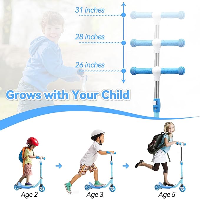 Toddler Scooter, Scooters for Kids Age 3-5, Boy Girl Gift 3-Wheel Kick Scooter with LED Light Up Wheels, Adjustable T-Bar Handle, Cute Deck, Safe Smooth Riding Outdoor, Max 100 lbs, Xmas Box Wrapped