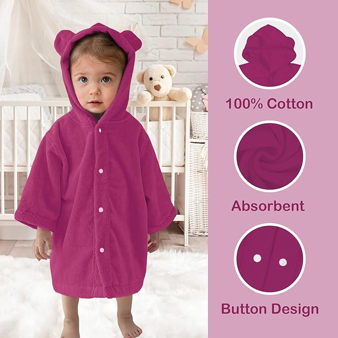 VOOVA & MOVAS Toddler Hooded Poncho Towel with Bear Ear, 0-3Years | 100% Cotton, Ultra-Soft & Absorbent | Gentle for Sensitive Skin, Bath, Pool & Beach Towel | Newborn, Rose Red