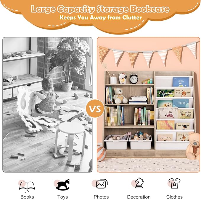 HedoAjim Kids Bookshelf Wood Toy Storage Organizer Cabinet Children Bookcase Toddler Baby Sling Book Rack Adjustable Shelf for Playroom Bedroom Nursery Hallway School Kindergarten