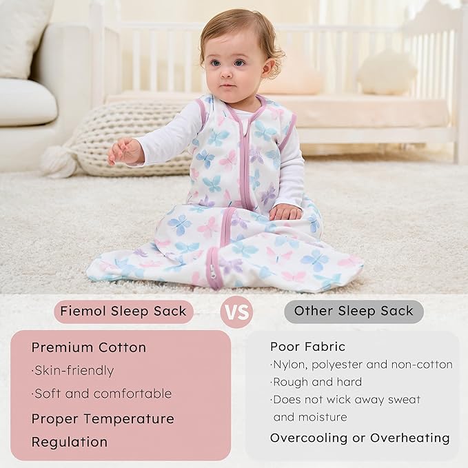 Baby Sleep Sack 12-18 months, 100% Cotton Sleeping Sack for Toddler, 3 Pack Baby Wearable Blanket, 0.5 Tog Lightweight Double Zipper Sleep Bag Large Pink Butterfly Flower