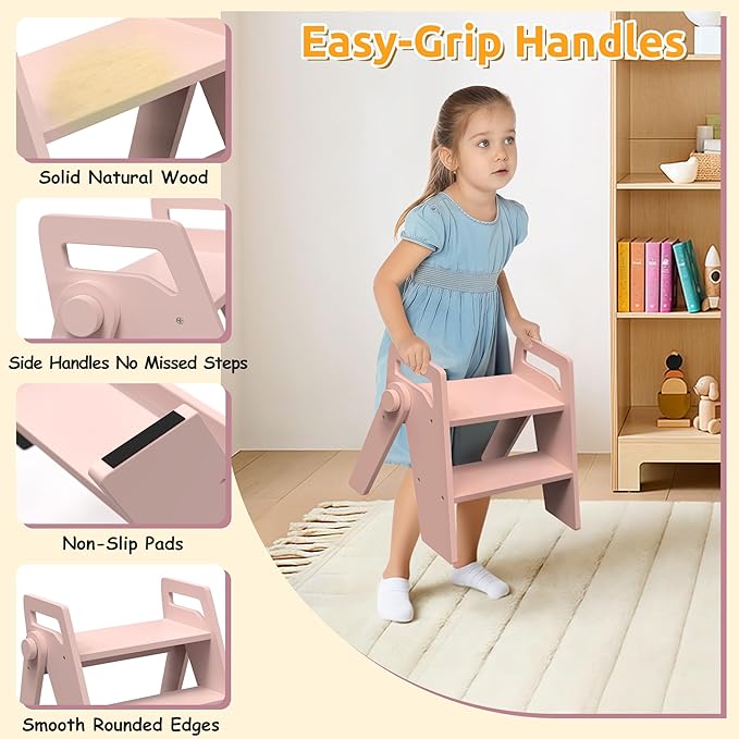 Wooden 2 Step Stool for Kids Bathroom Foldable 2-Step for Toilet Potty Training, Child Stepping Stool for Kitchen Nursery Bedroom Pink