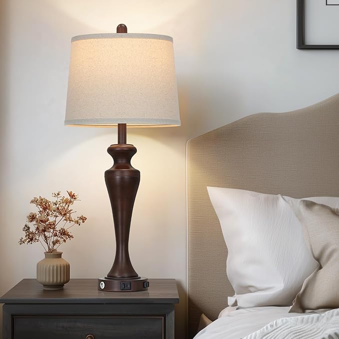 luxeflow 30" Brown Touch Table Lamps Set of 2, 3-Way Bedside Lamp with USB A+C Ports and AC Outlet, Tall Living Room Lamps for End Table, Modern Metal Bedroom Lamp for Night Stand