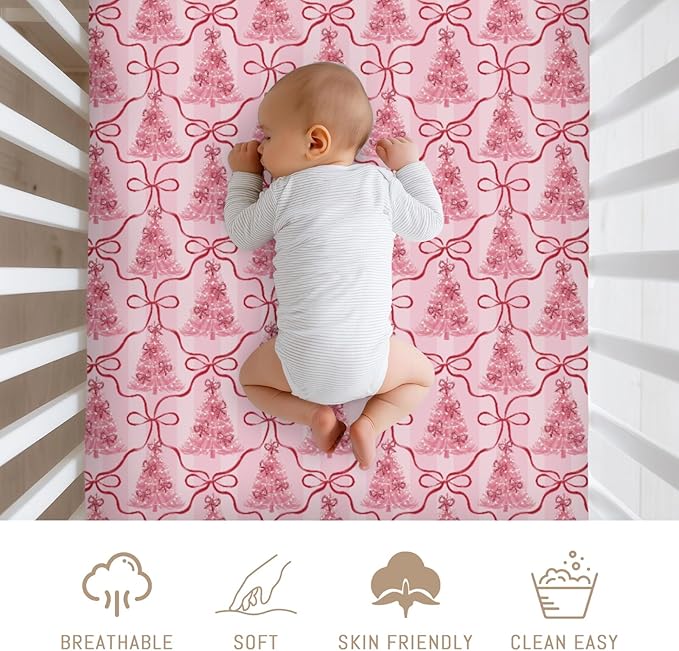 Preppy Pink Trees Bows Christmas Baby Crib Sheets for Girls Pink Christmas Trees Ribbon Soft Snug Fitted Crib Mattress Covers for 52''x28'' Standard Crib & Toddler Mattress Holiday Winter Baby Sheets