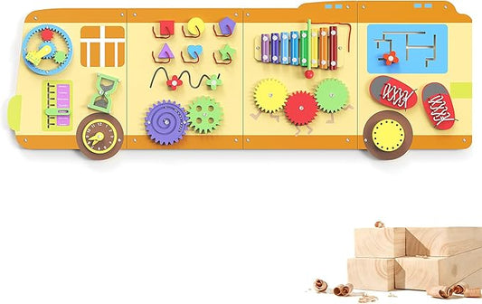 BlueWood Wooden Wall Busy Board Panels, Toddler Learning Activity Center, Montessori Philosophy Sensory, Educational Toys, Conducive to All-Round Development - School Bus