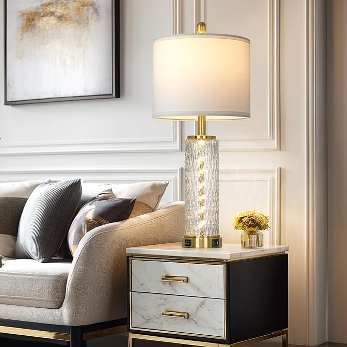 luxeflow 28" Gold Glass Table Lamps Set of 2, Gold Modern Bedside Lamp with LED Night Light, USB A+C, Glass Lamps for Living Room, Bedroom, Nightstand, Office, End Table (2 Bulbs Included)