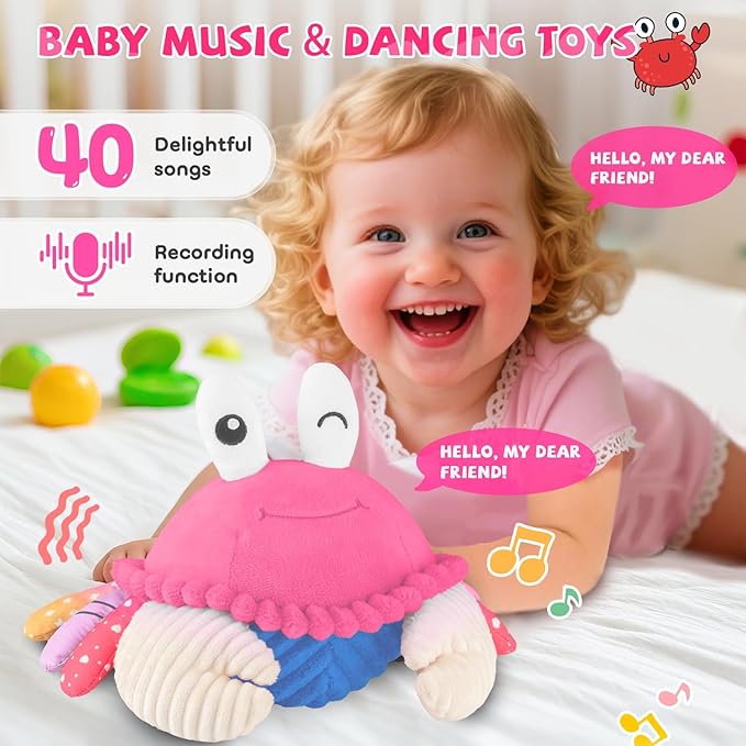 Pink Crawling Crab Baby Toy - Rechargeable Musical Plush Toys with 40 Songs & Voice Recorder, Sensory Toy for Infant Tummy Time, Soft Toy for 12-18 Months Girl, Gift for Toddlers 1-3