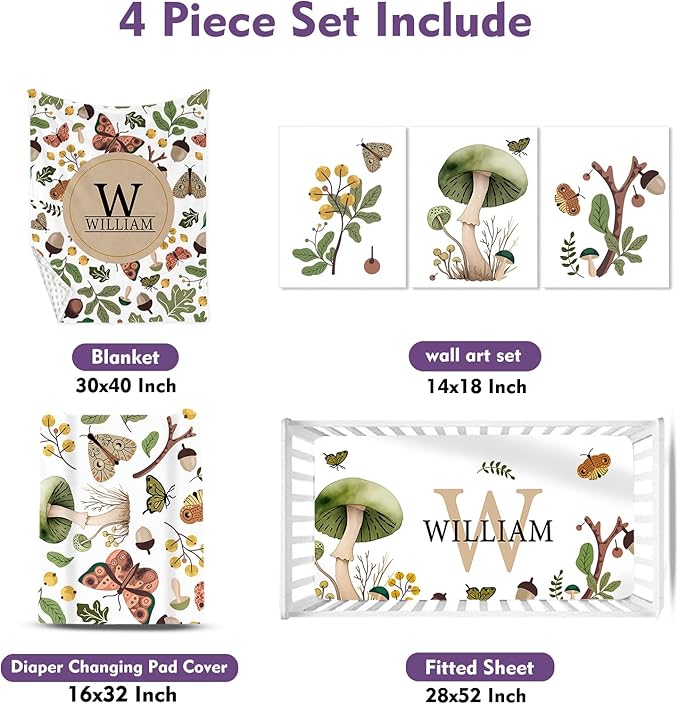 Personalized Baby Crib Bedding Set: 4 Piece Custom Gift Crib Bed Set with Name - Mushroom Design, Nursery Bedding Set for Baby Girls,Newborn Boys Girls Crib Sets, Crib Bedding Shower Gifts