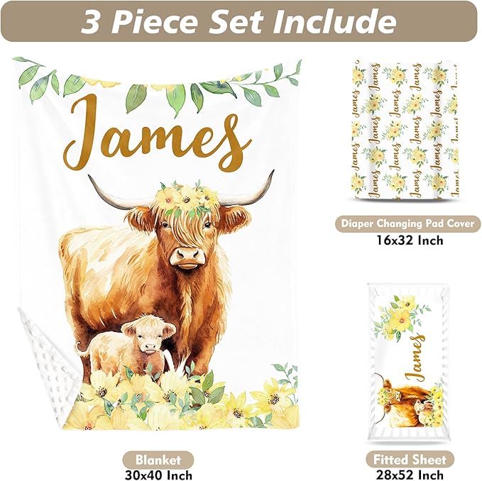 Custom Name Crib Bedding Set 3-Piece – Yellow Flower Highland Cow Design Baby Bedding Set with Personalized Soft Blanket, Fitted Sheet, Changing Pad Cover – Ideal Newborn Gift for Boys and Girls