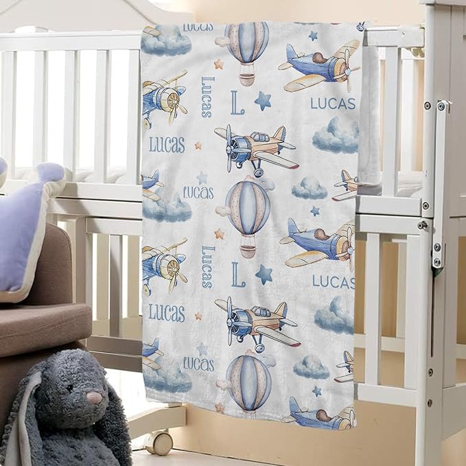 Personalized Baby Crib Bedding Set: 4 Piece Custom Gift Crib Bed Set with Name - Toy Airplane Design, Nursery Bedding Set for Baby Girls,Newborn Boys Girls Crib Sets, Crib Bedding Shower Gifts