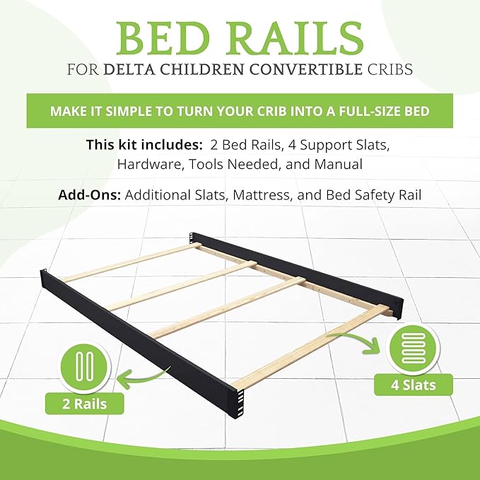 Full-Size Conversion Kit Bed Rails Compatible with Delta Children Convertible Cribs - Solid Wood Rail #0050 - Toddler and Adult Bed Rail for Full-Size Beds - Baby Furniture (Ebony - 0011)