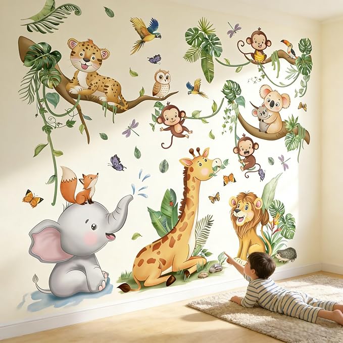Baby Animal Wall Decals for Nursery: Jungle Safari Theme Kids Room Decor with Peel and Stick Removable Vinyl Wall Stickers for Kids Ages 0-12 Years