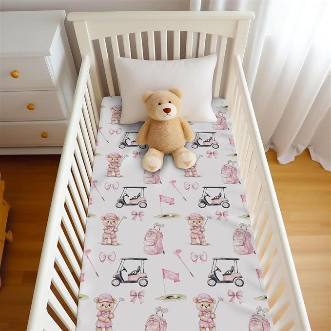 Cute Golf Bear Balls Cart Club Pink Baby Crib Sheet for Boys & Girls 52x28x9 in Bears Bows Golfing Bag Sport Fitted Crib Mattress Cover for Golfs Lover Gift Bed Sheet Balls One Size