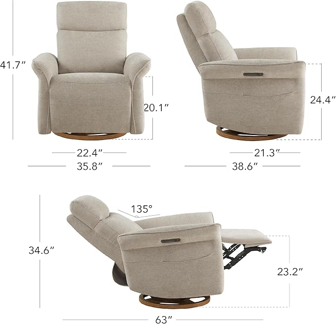 CHITA Power Recliner Chair, Electric Triple-Motor Swivel Glider Nursery Rocking Chair with Adjustable Power Headrest and Lumbar Support, Solid Wood Base, Khaki Grey