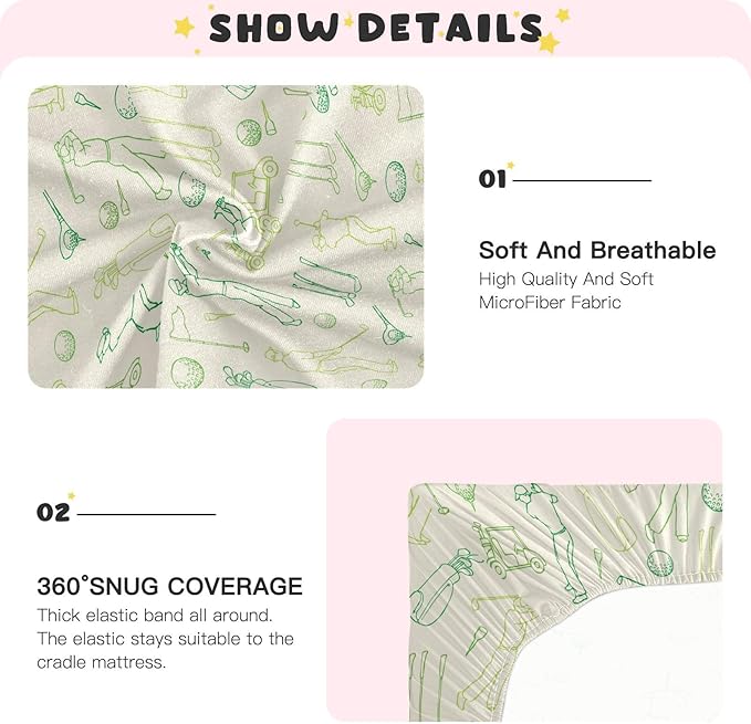 Fitted Crib Sheets for Baby Boys or Girls Soft Breathable Baby Play Yard Sheet for Standard Size Crib Mattress 52x28in Various Golf Images Player Pattern