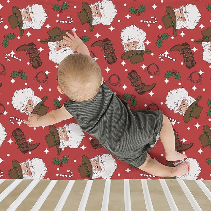 Red Cowboy Santa Christmas Baby Crib Sheets for Boy Girl 52x28Inch Western Santa Hat Boots Fir Leaves Soft Snug Fitted Crib Mattress Cover Wild West Baby Sheet for Standard Crib & Toddler Mattress