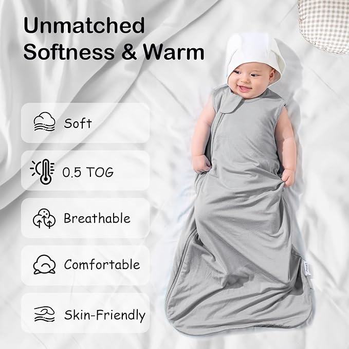 Supersoft Rayon Made from Bamboo Sleep Sack 24-36 Months 0.5 Tog Lightweight Toddler Sleep Sack 2t Baby Wearable Blanket 3t with 2-Way Zipper Summer Unisex Sleeping Bag for Babies - Gray