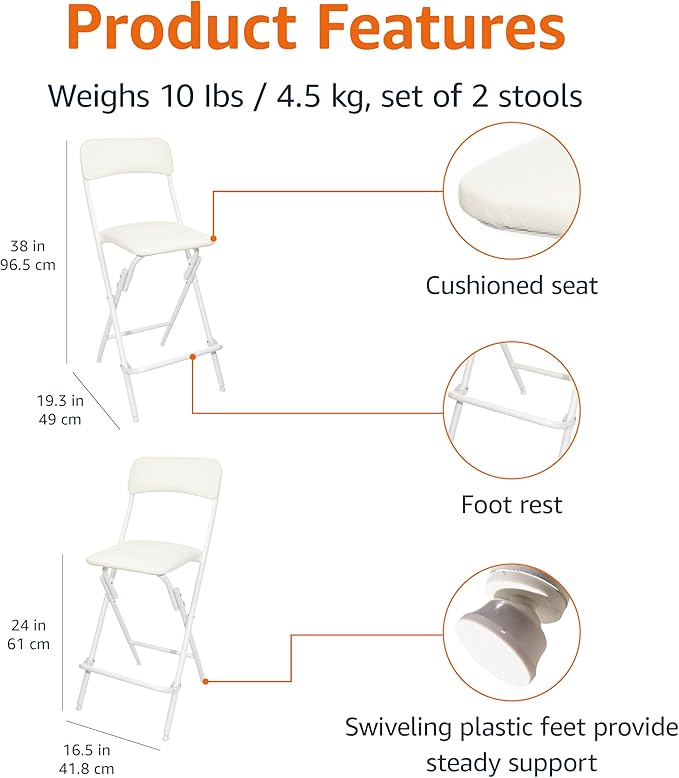 Amazon Basics Folding Stool with footrest, 300lb Capacity, 24" Height, White, Set of 2