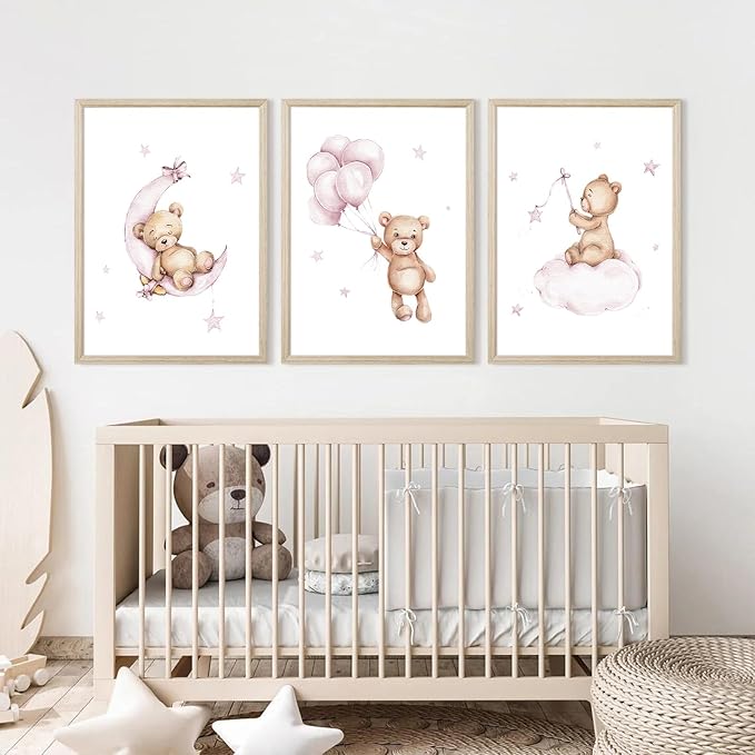 Bear Nursery Wall Art Decor Teddy Bear Wall Art Baby Girl Canvas Wall Decor Pink Pictures Balloon Nursery Children Prints Artwork Moon Star Cloud Art for Boys Room Bedroom 12x16x3 Inch Wood Framed
