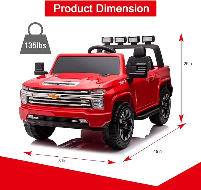 FINITO 24v Ride on Toys for Kids，Licensed Chevrolet Silverado ，2 Seater Battery Powered Ride on Cars，with Parental Remote Control, Music, Bluetooth, Gift for Kids(Red)