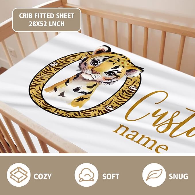 Personalized Baby Crib Bedding Set, Custom Name Tiger Design Baby Bedding 2-Pcs Set-Soft Double Layer Dotted Blanket and Fitted Sheet, Nursery Bedding for Newborn Boys Girls, Perfect Shower Gift