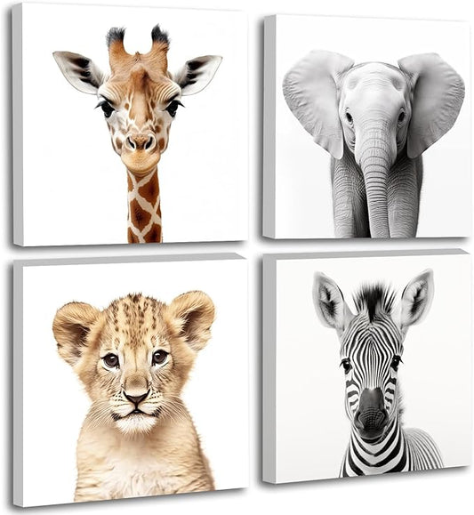 Kids Wall Art Cute Safari Animals Painting Picture for Nursery Children's Room Kids Bedroom Wall Decor Poster Giraffe/Lion/Elephant/Zebra Artwrok Framed,Set of 4