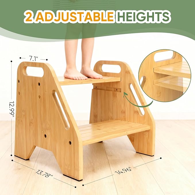 Timberfolkfz Toddler & Kids Step Stool, Adjustable Bamboo Wooden Step Stool for Kitchen, Bathroom Sink & Toilet, Non-Slip 2 Step Stool, Sturdy Compact Design, 220 lbs Capacity