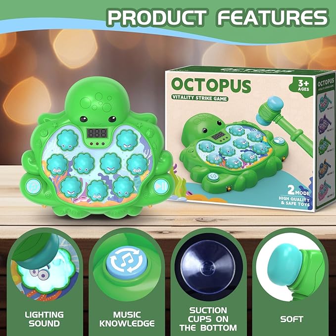 Octopus Vitality Strike Game, Educational Musical Whack-A-Mole Toy with 2 Game Modes, Digital Score Display, Toddler Early Developmental Learning Toy, Fun Birthday Gift for Kids Age 2+