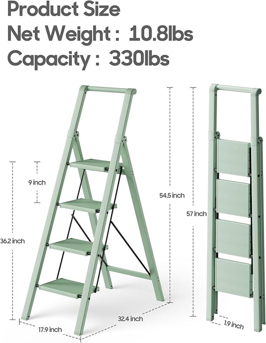 HillhutApex 4 Step Foldable Aluminum Step Ladder with Handgrip, Anti-Slip Pedal, 330 lbs Capacity, Lightweight & Portable for Home, Kitchen, Office, Garage (Pale Green)