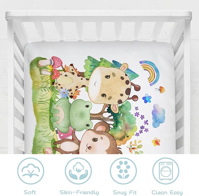 Baby Jungle Safari Animals Tropical Leaves Flowers Baby Crib Sheet 52''x28'' Fitted Crib Mattress Cover for Boy Girl Nursery Bed Sheet Fits Standard Crib Toddler Mattress (Forest, One Size)