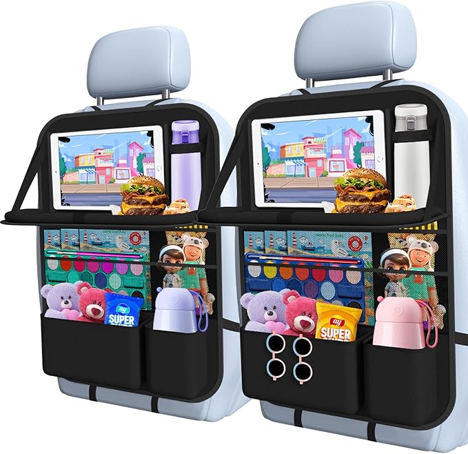 Oneyus Car Backseat Organizer with table Tray, 9 Storage Pockets Backseat Car Organizer with Tablet Holder, Back seat Organizer for Kids Road Trip Essentials Travel (1Pack)