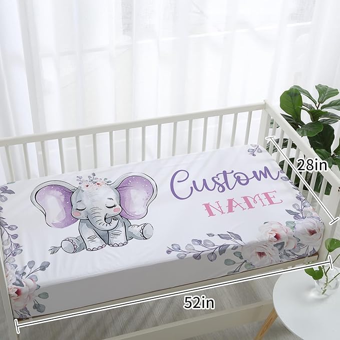 Personalized Baby Crib Bedding Set: 4 Piece Custom Gift Crib Bed Set with Name - Light Purple Elephant Design, Nursery Bedding Set for Baby Girls,Newborn Girls Crib Sets, Crib Bedding Shower Gifts