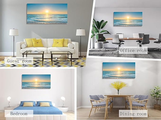 KUNHAAH Wall Art Canvas Painting Blue Sea Beautiful Seascape 1 Piece Ocean Sunset Waves Picture Poster Print Framed Ready to Hang for Living Room Bedroom Artework 71x36inch