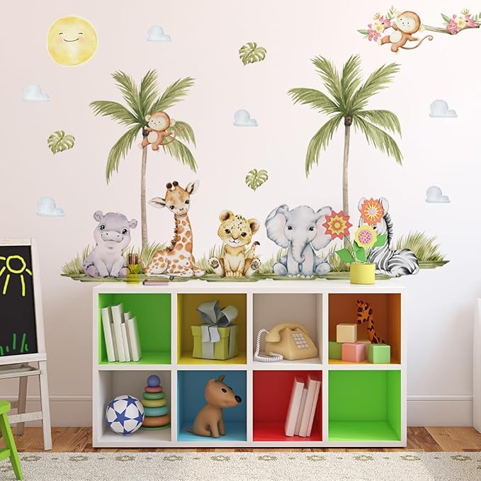 56.29 x 44.88 Inch Watercolor Animal Wall Decals Jungle Animal Stickers Tiger Elephant Zebra Giraffe Monkey Hippo Wall Stickers for Baby Nursery Bedroom Classroom Kindergarten Wall Decor