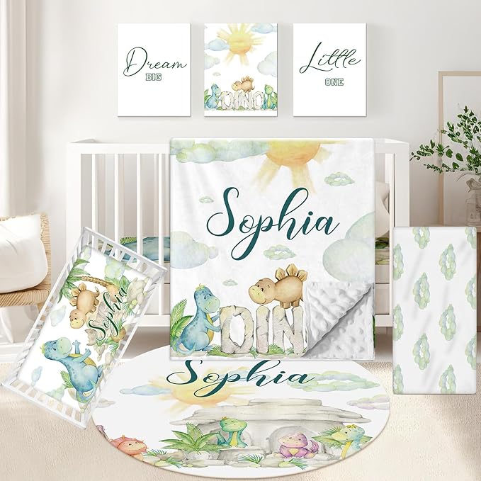 Personalized Baby Crib Bedding Set, 5 Pcs Custom Set With Name, Soft Double Layer Nursery Bedding, Flannel Dinosaur Set for Boys, Toddlers Newborns Customized Gift